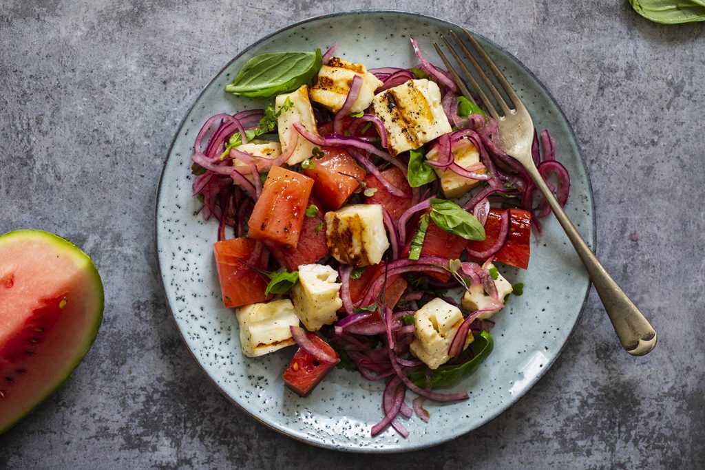 watermelon with grilled halloumi cheese