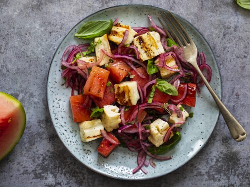 watermelon with grilled halloumi cheese