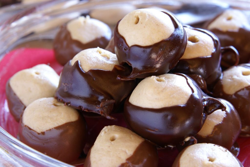 Buckeye balls recipe; peanut butter and chocolate balls, close up