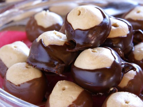 Buckeye balls recipe; peanut butter and chocolate balls, close up