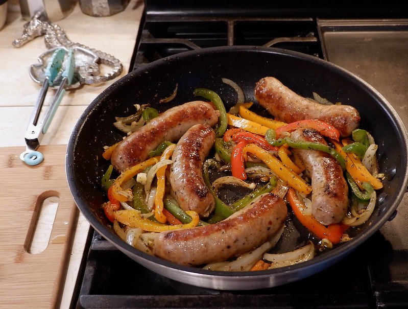fried peppers onions and sausage with port balsamic vinegar