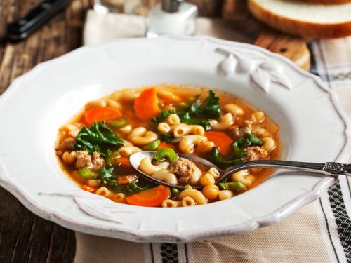 Italian Sausage Soup Recipe, Soup with carrots, greens, beans, and sausages