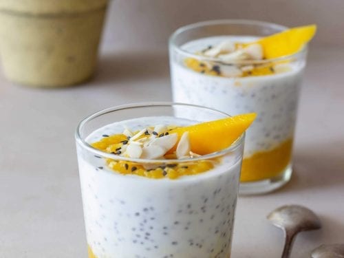 yellow and white layered dessert with chia seeds