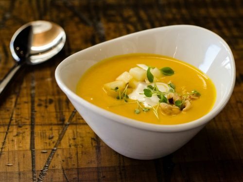 roasted acorn squash soup with horseradish and apples recipe
