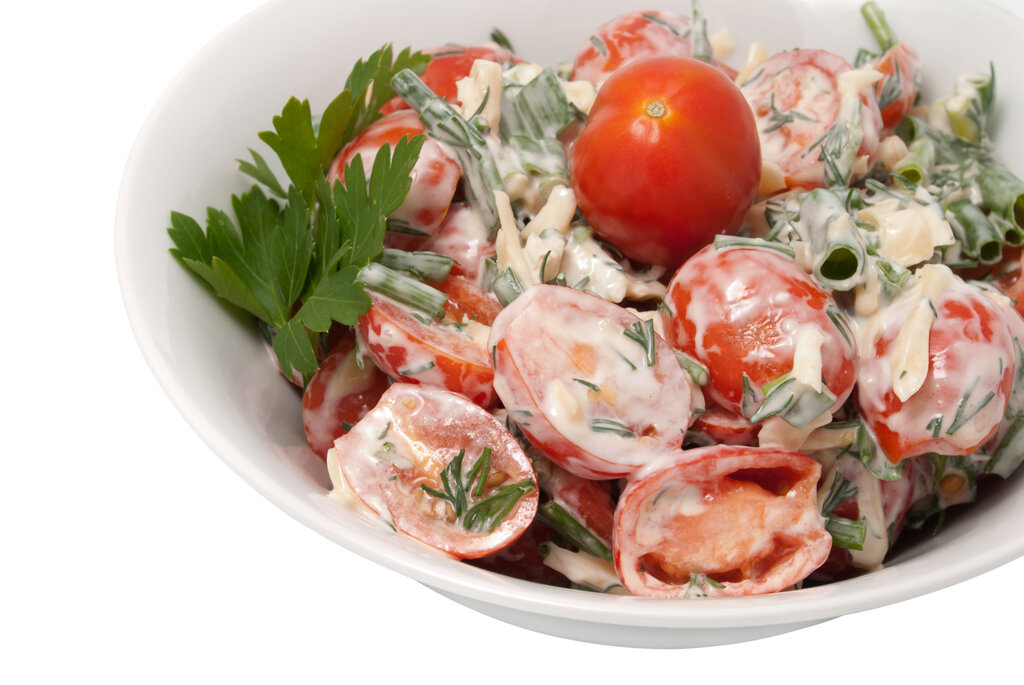 Cherry Tomato Salad Recipe, red cherry tomatoes with mayonnaise and parsley