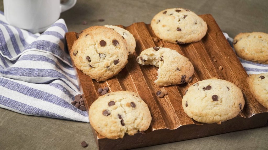 chocolate chip cookies on a wooden board