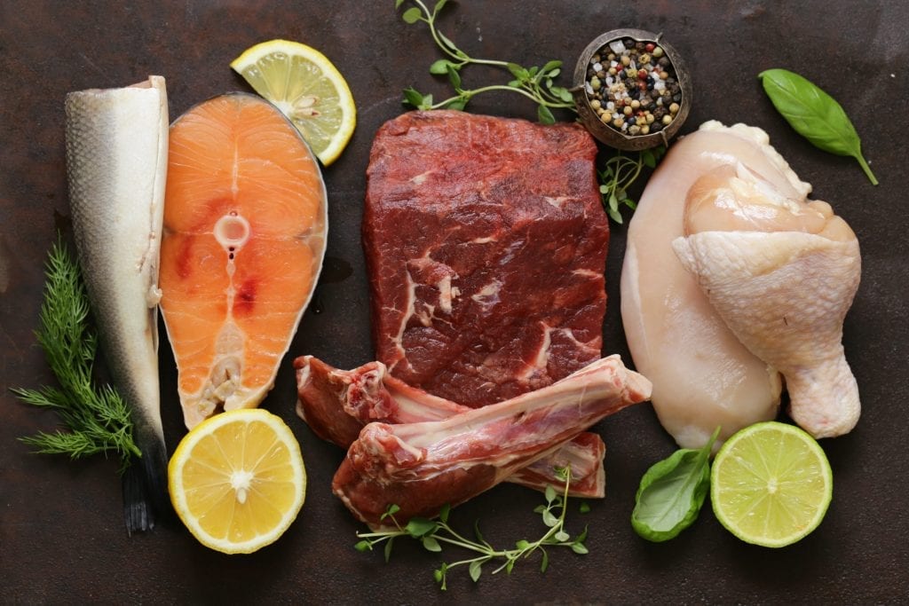different types of fish and meat, raw meat, fish and chicken