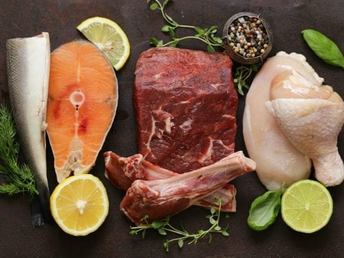 different types of fish and meat, raw meat, fish and chicken