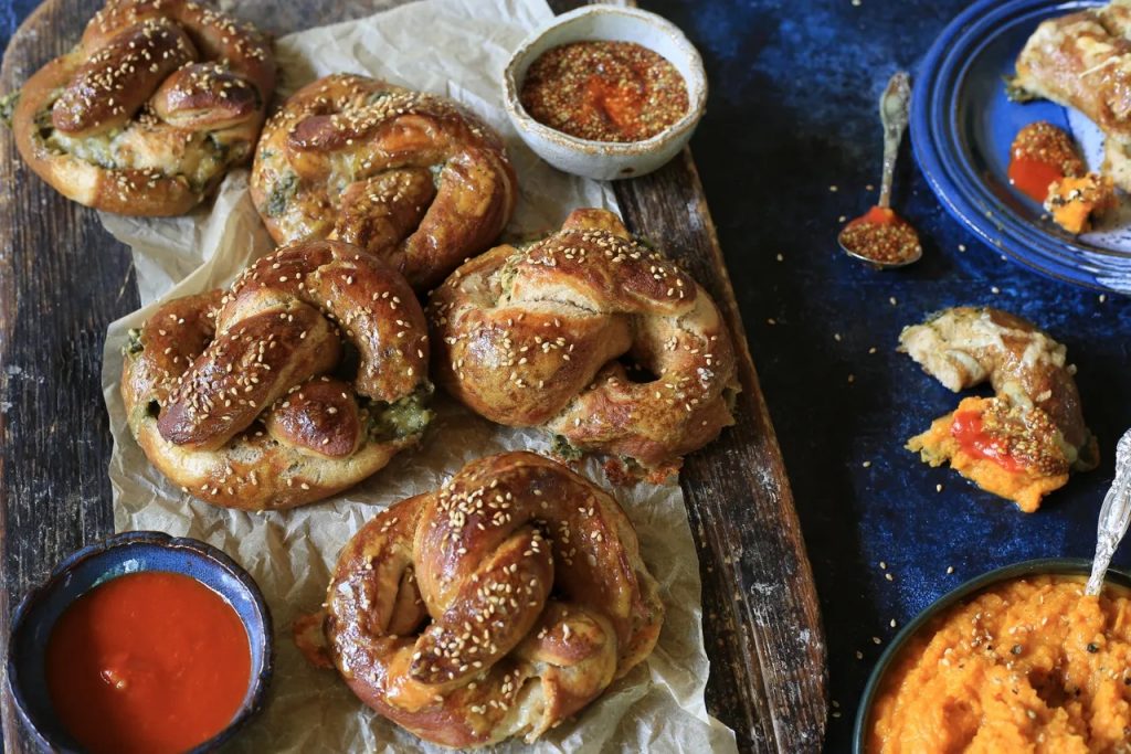 Vegan Cinnamon Sugar Pretzel Pillows with Cream Cheese Dipping