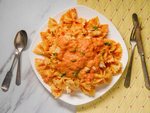 Five Cheese Marinara Sauce Recipe (Olive Garden Copycat) - served over bow tie pasta
