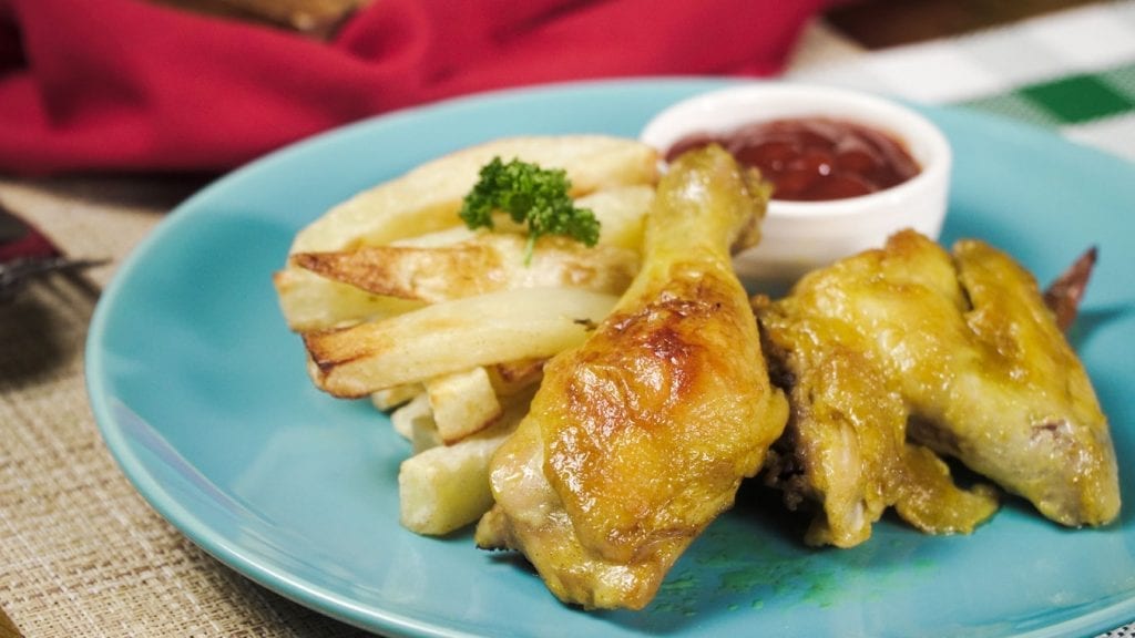 Homestyle Chicken and Fries Recipe, roast chicken served with crispy fries and ketchup
