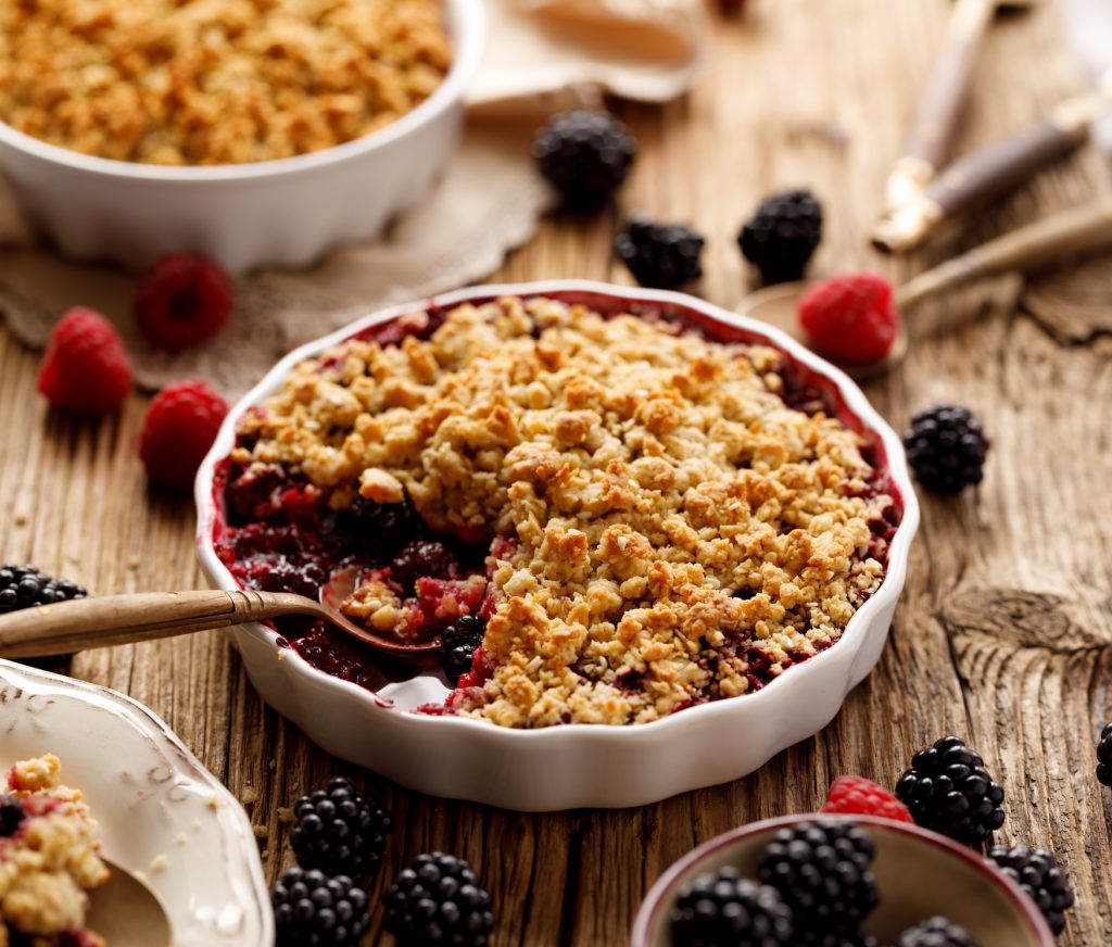 mixed berry (blackberry, raspberry) crumble in a baking dish on