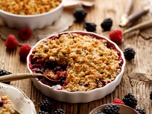 mixed berry (blackberry, raspberry) crumble in a baking dish on