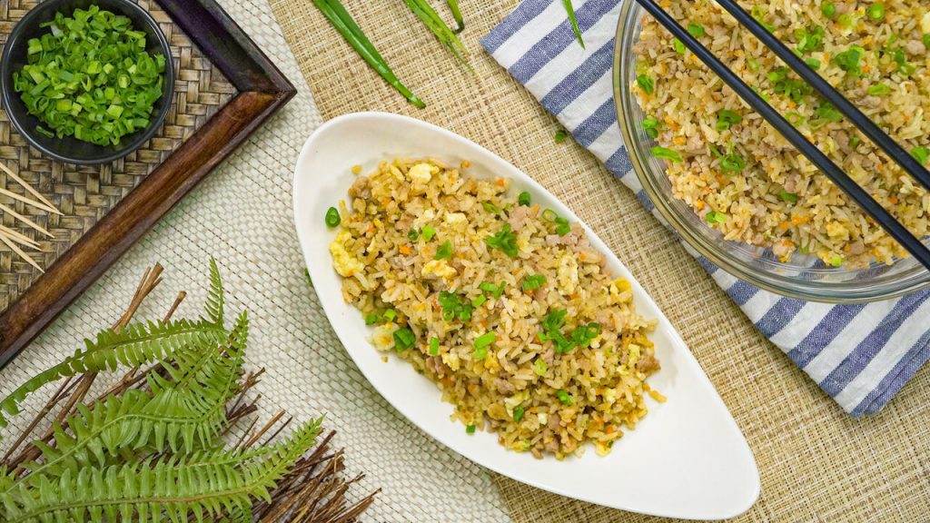Pork Fried Rice Recipe, Fried rice with scrambled eggs and vegetables, then topped with green onions