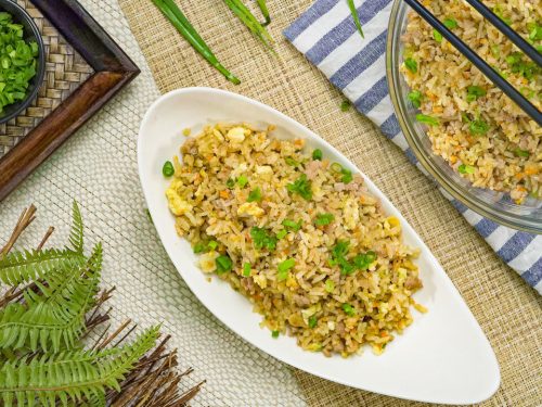 Pork Fried Rice Recipe, Fried rice with scrambled eggs and vegetables, then topped with green onions