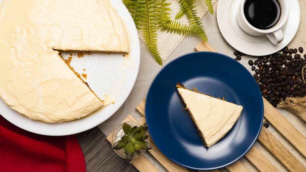 carrot cake smothered with white frosting