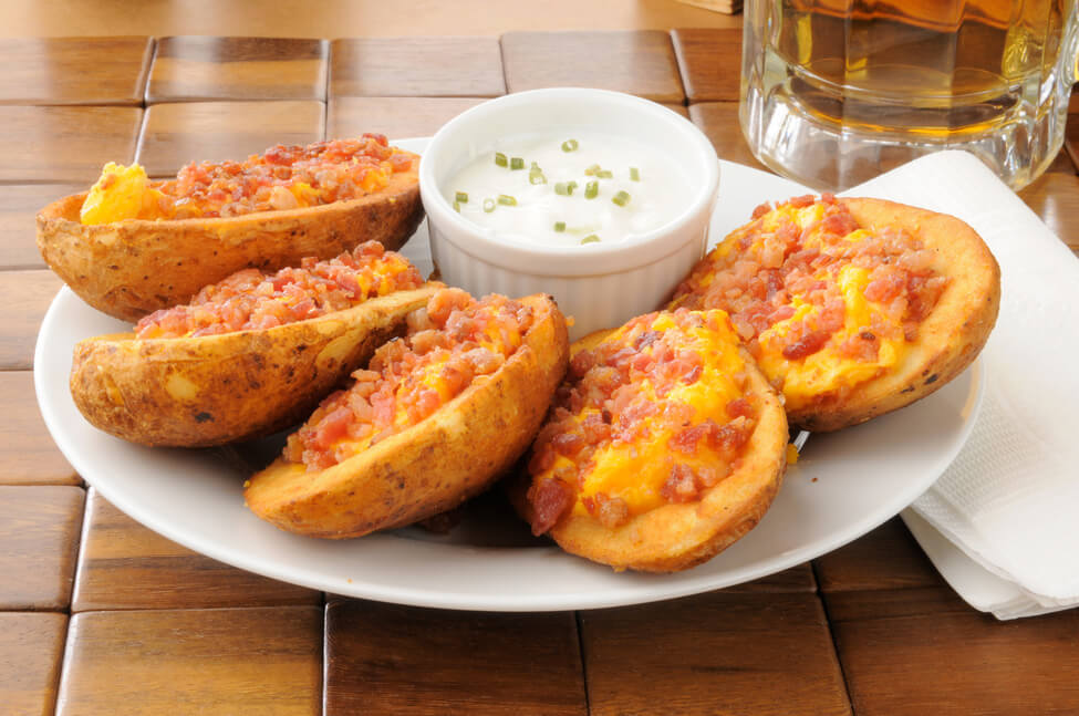 Recipe and Topping Variations to Try, crispy potato skins with ham thin slices, onion and mayo dip