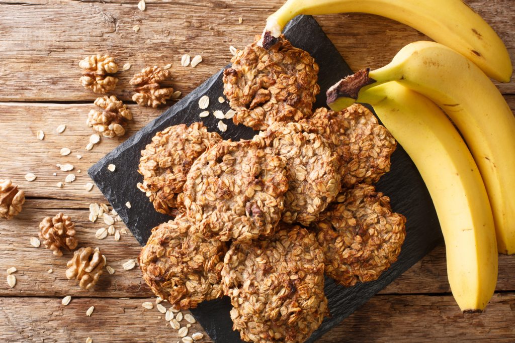 Homemade low-calorie banana cookies with oatmeal and walnuts clo