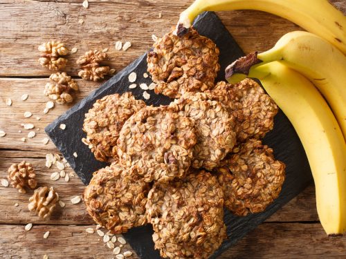 Homemade low-calorie banana cookies with oatmeal and walnuts clo