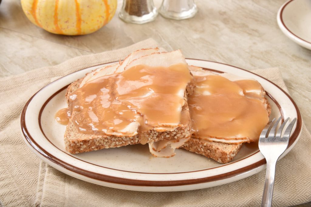 Hot Turkey Sandwich Recipe, Open-faced turkey sandwich covered in gravy