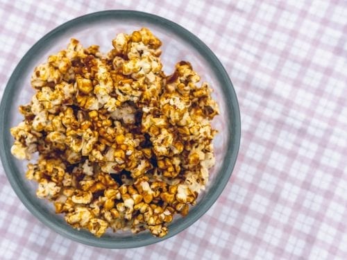 A bowl of healthy vegan caramel popcorn