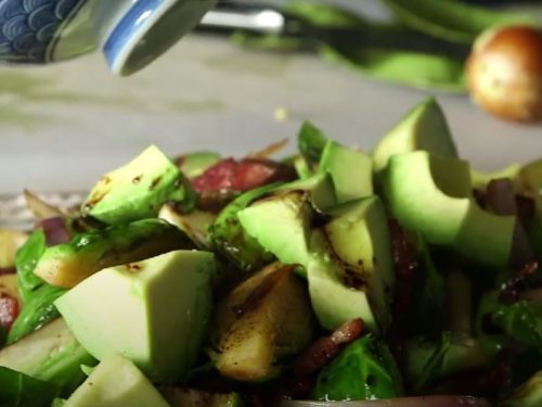 Shredded Raw Brussels Sprout Salad with Bacon and Avocado Recipe