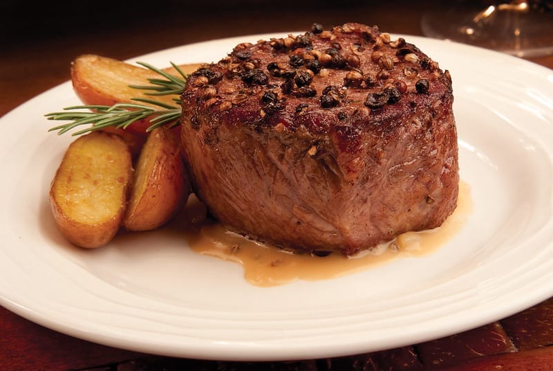 Steak Au Poivre Recipe- Tender filet mignon with peppercorn crust and cognac cream sauce.