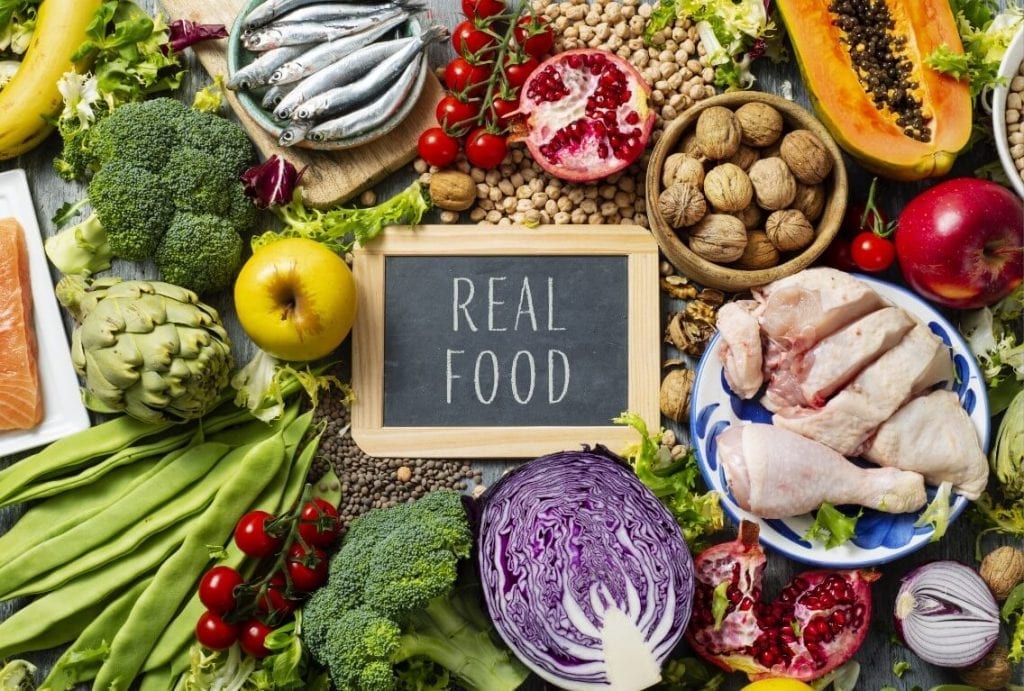 eat real food, vegetables, fruits, meat, fish