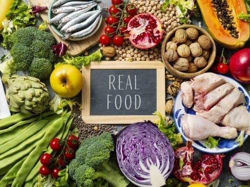 eat real food, vegetables, fruits, meat, fish