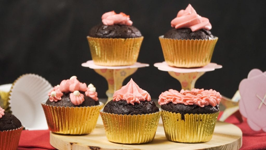 Be My Valentine Cupcakes Recipe - moist homemade chocolate cupcakes with chocolate ganache and vanilla buttercream frosting