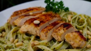 Pesto-Spaghetti-with-Roasted-Tomatoes-and-Grilled-Chicken-Recipe