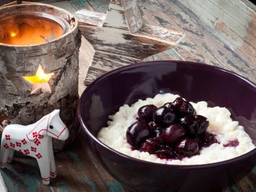 Risalamande Danish Rice Pudding, traditional Christmas rice pudding with almonds topped with cherry sauce