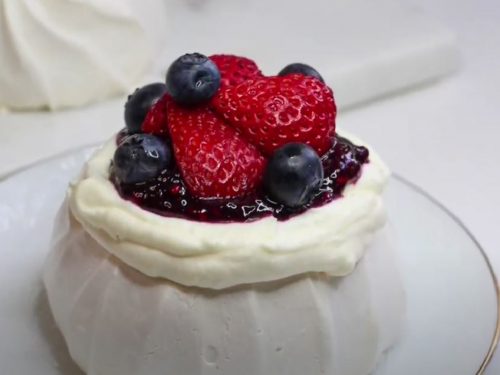 Individual Pavlovas with Cream Cheese Whipped Cream and Raspberry Sauce Recipe