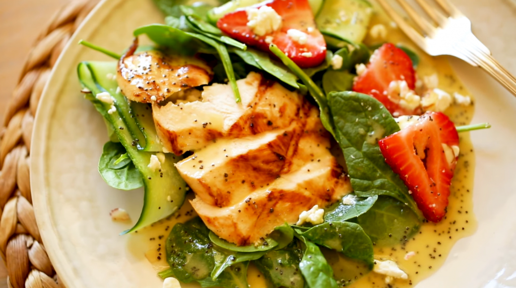 strawberry-avocado-spinach-salad-with-grilled-chicken-and-lemon-poppy-seed-dressing-recipe