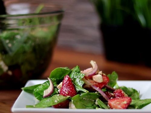 Strawberry Spinach Salad with Candied Pecans Feta and Balsamic Vinaigrette Recipe