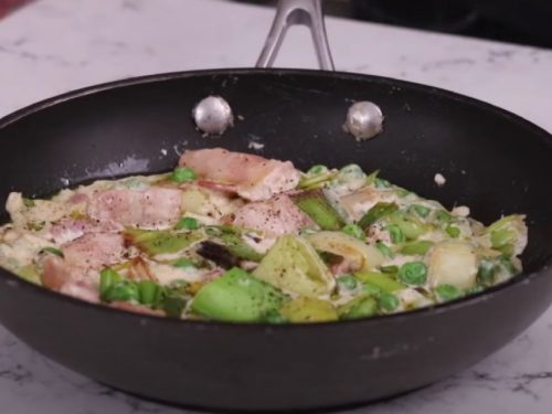 Baby Peas with Bacon and Crispy Leeks Recipe