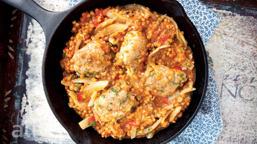 chicken-thighs-with-lentils-chorizo-and-red-pepper-recipe