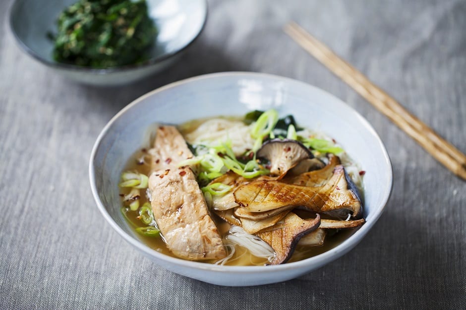 Miso ramen with king oyster mushrooms, salmon and rice noodles