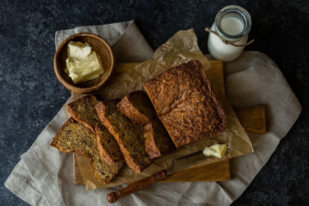 banana bread with butter and milk