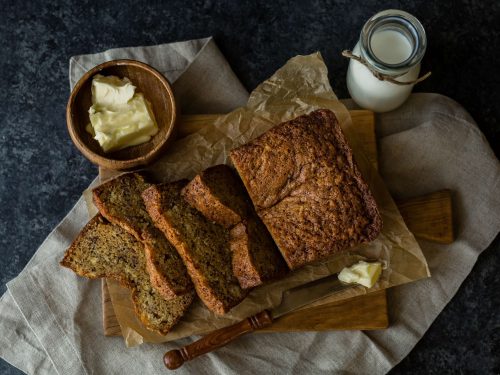 banana bread with butter and milk