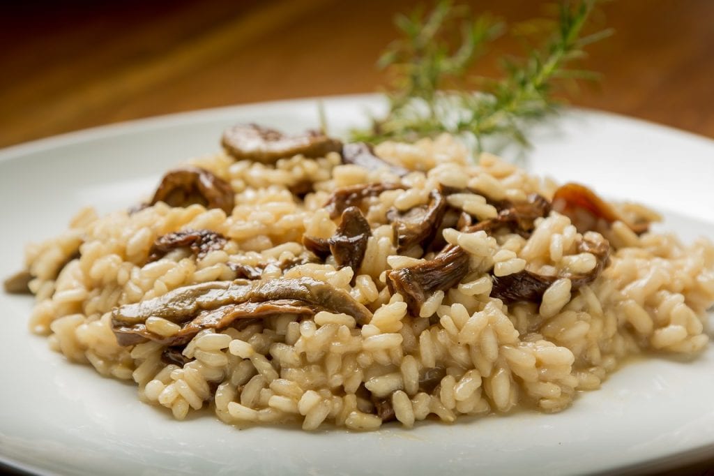 side view shot of a serving of mushroom risotto, risotto recipe, rice risotto vegetables