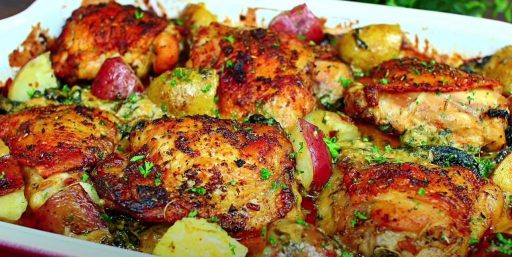 Roasted Chicken Legs with Garlic Potatoes and Peppers Recipe