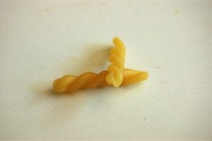 Two pieces of dried gemelli pasta