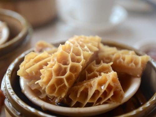 beef honeycomb tripe on a bowl