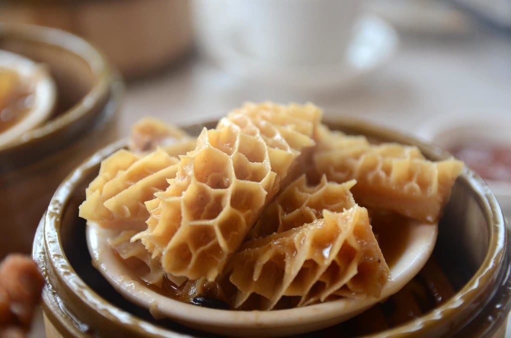 beef honeycomb tripe on a bowl