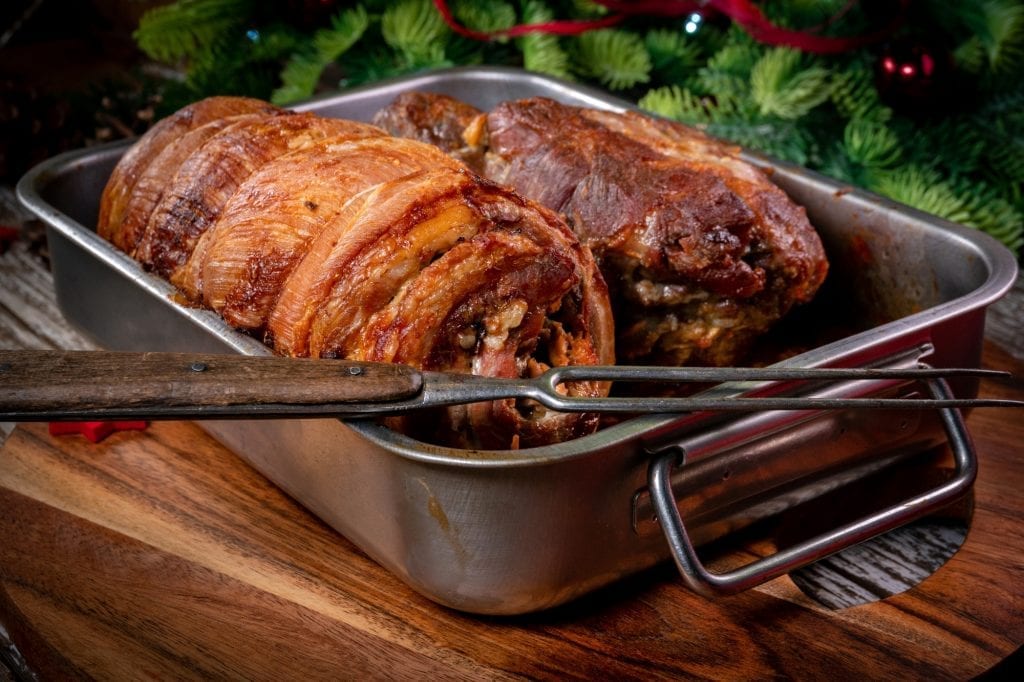 Roasted pork in a roasting pan