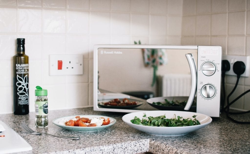 Microwave on the kitchen counter