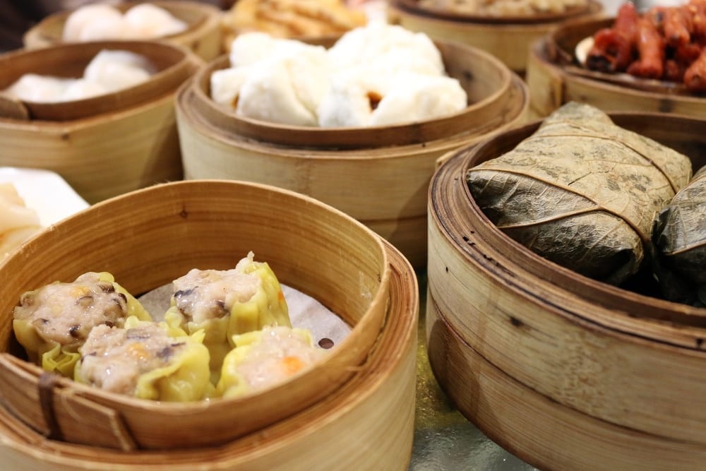 Bamboo steamers with different dim sums