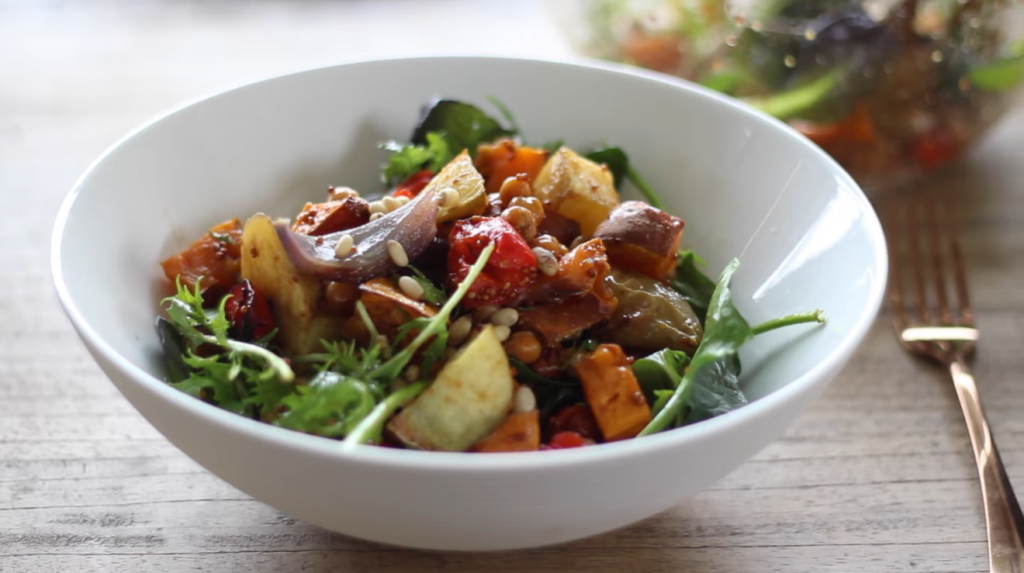 mesclun-salad-with-goat-cheese-maple-galzed-pecans-and-maple-dijon-vinaigrette-recipe