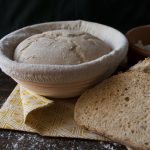 a proofing basket and a sourdough bread